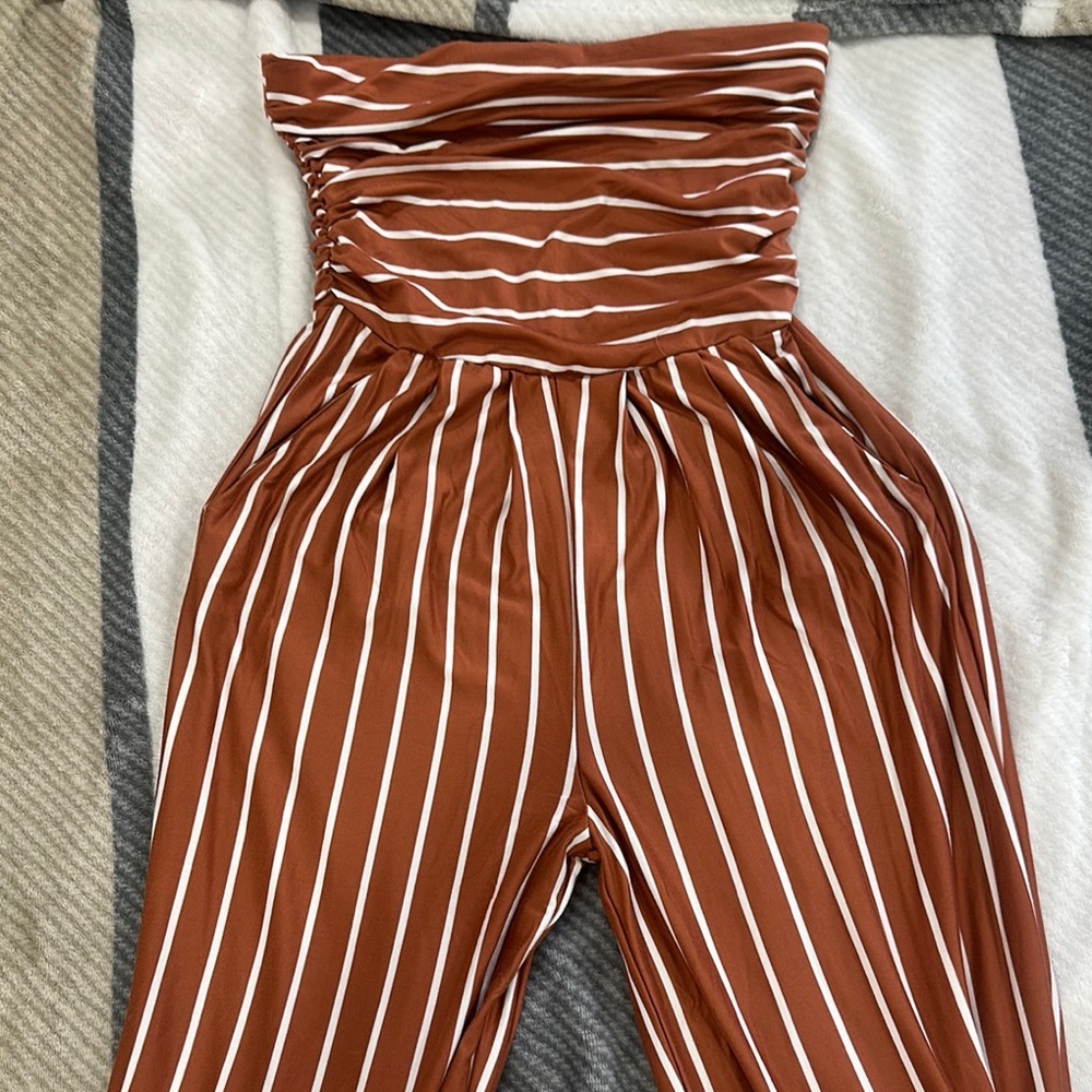 Brown and White Striped Palazzo Jumpsuit with Ruched Bodice